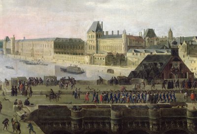 Veduta del Pont-Neuf e del fiume Senna a valle, dettaglio del ponte e del Louvre, c.1633 (dettaglio) da Flemish School